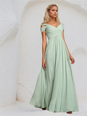 Dusty Sage A Line Chiffon V Neck Sleeveless Floor Length Bridesmaid Dress