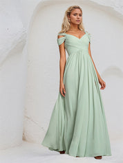 Dusty Sage A Line Chiffon V Neck Sleeveless Floor Length Bridesmaid Dress