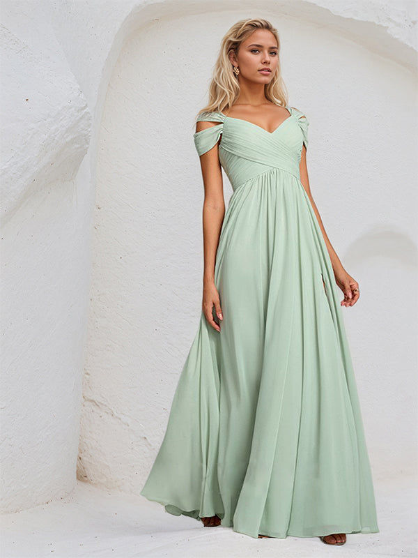 Dusty Sage A Line Chiffon V Neck Sleeveless Floor Length Bridesmaid Dress