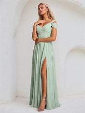Dusty Sage A Line Chiffon V Neck Sleeveless Floor Length Bridesmaid Dress