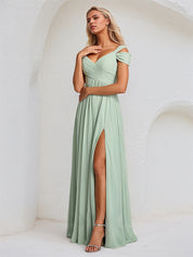 Dusty Sage A Line Chiffon V Neck Sleeveless Floor Length Bridesmaid Dress