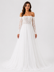 Elegant Off-the-Shoulder Lace Applique Tulle A-Line Wedding Dress with Chapel Train