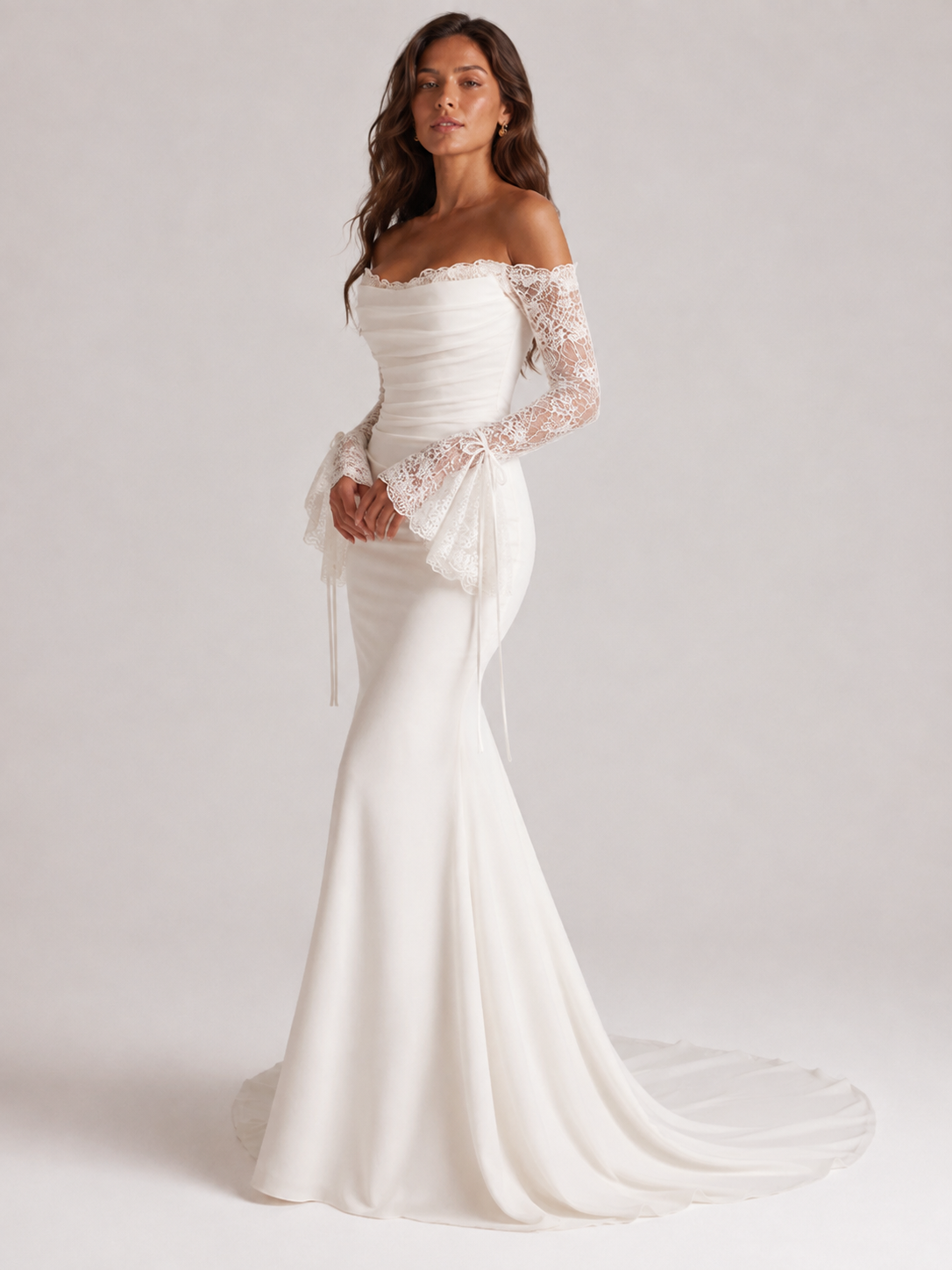 Elegant Off-the-Shoulder Draped Satin Mermaid Wedding Dress with Lace Bell Sleeves and Chapel Train