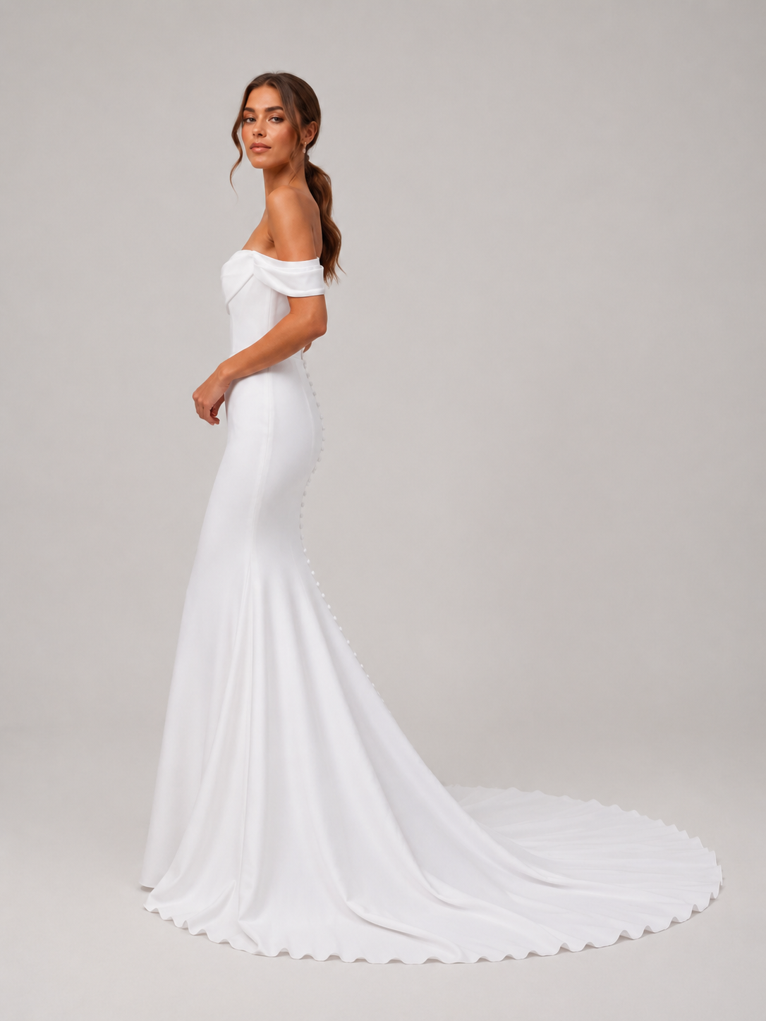 Elegant Off-the-Shoulder Cowl Neck Satin Mermaid Wedding Dress with Chapel Train
