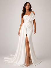 Elegant One-Shoulder Ruched Satin A-Line Wedding Dress with High Slit and Chapel Train