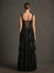 Black Square-Neck Corset Tiered Burnout Velvet Evening Dress