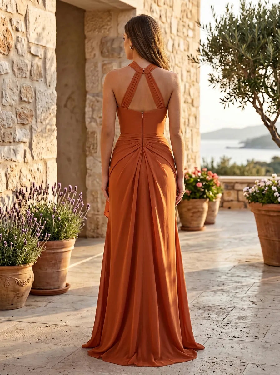 Rust Orange Halter Cutout Ruffle Evening Dress with High Slit