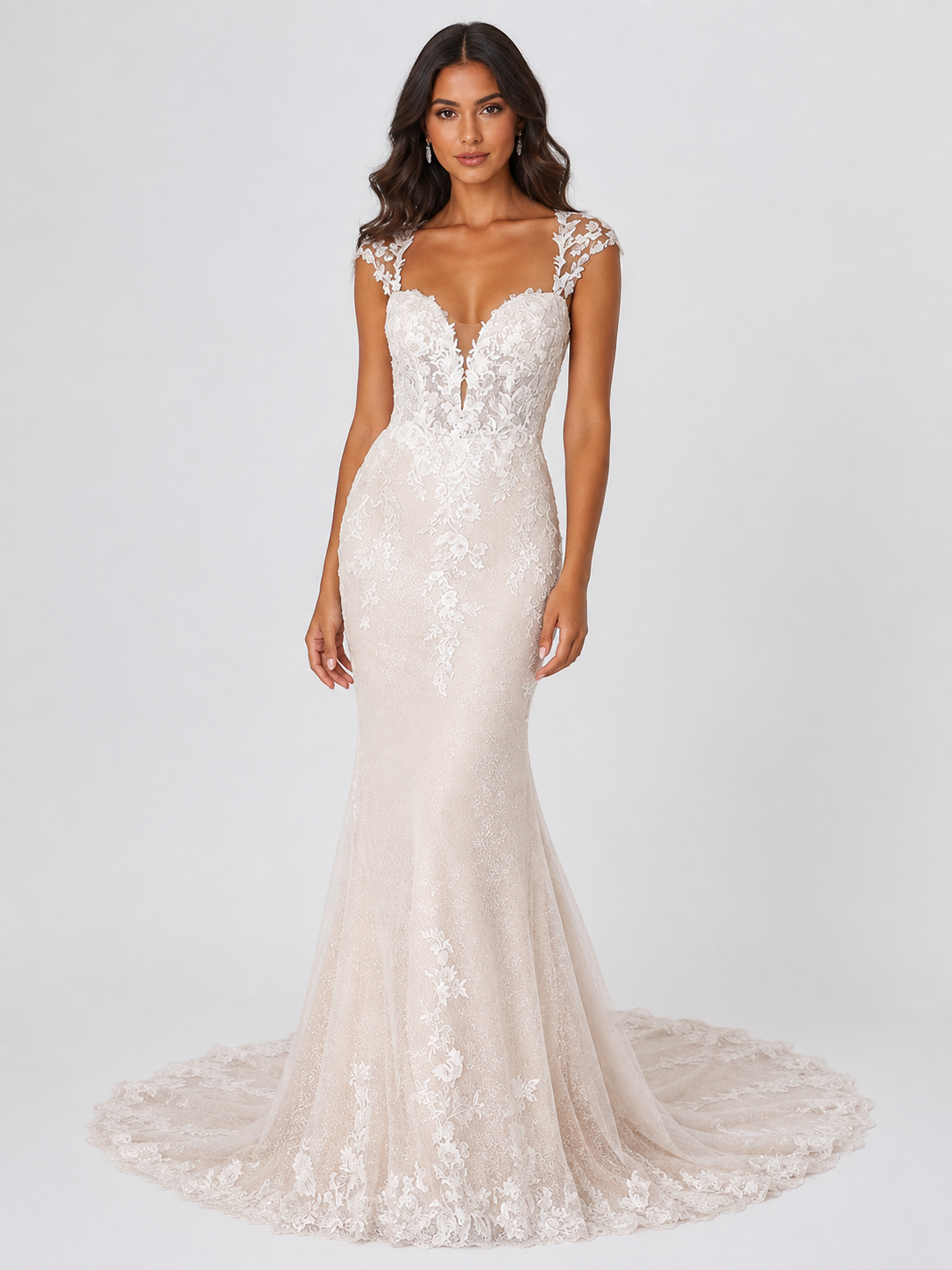 Elegant Lace Applique Cap-Sleeve Mermaid Wedding Dress with Chapel Train