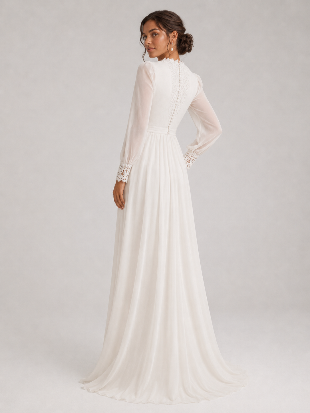 Elegant High-Neck Lace Long-Sleeve A-Line Wedding Dress with Sweep Train
