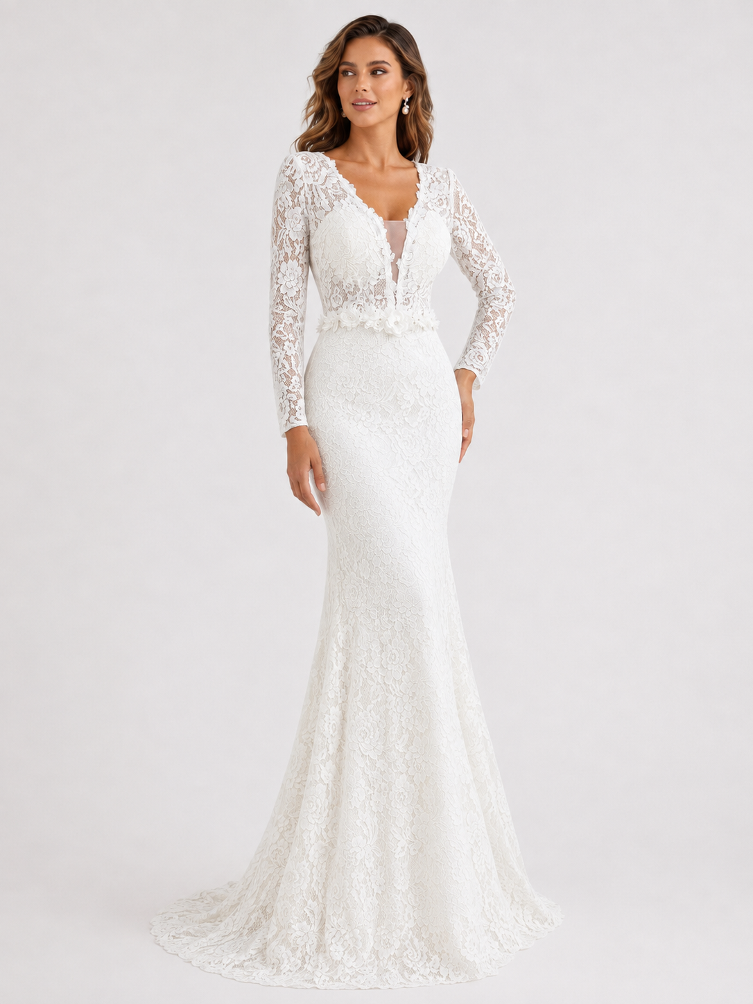 Elegant Long Sleeve V-Neck Illusion Lace Mermaid Wedding Dress with Chapel Train
