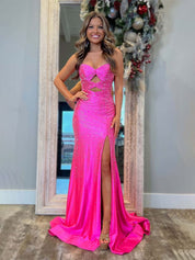 Hot Pink Mermaid Strapless Long Prom Dress with Beads