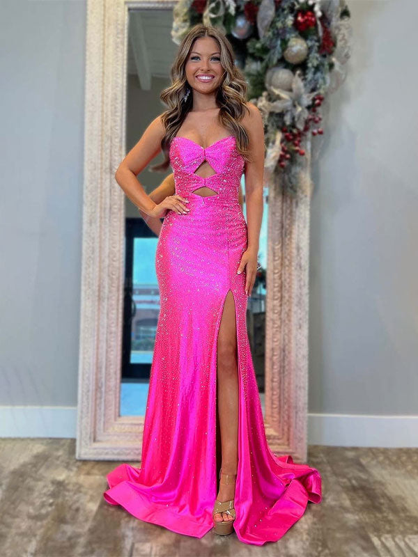 Hot Pink Mermaid Strapless Long Prom Dress with Beads