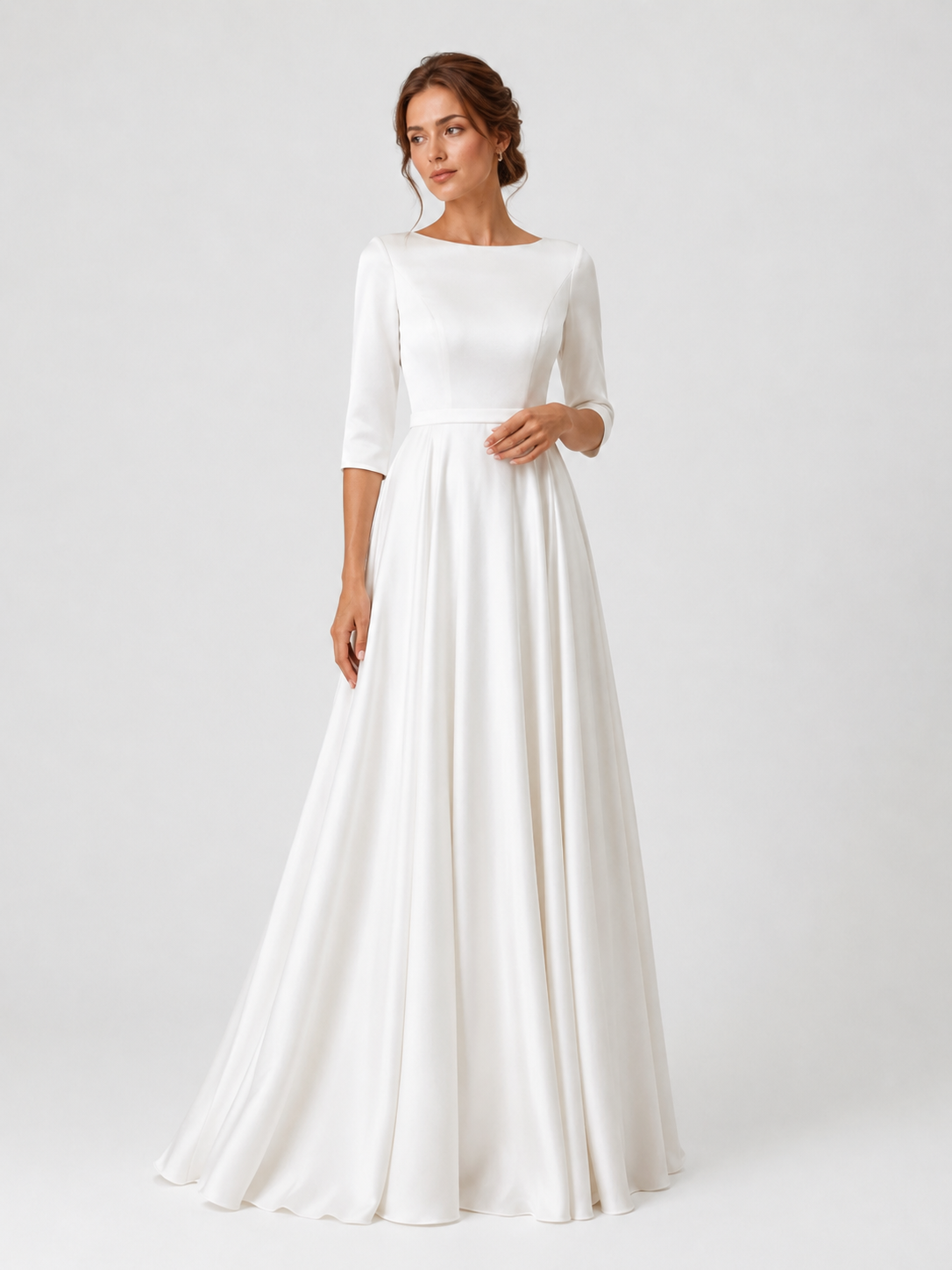 Elegant Boat Neck Satin A-Line Wedding Dress with Half Sleeves and Sweep Train