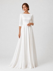Elegant Boat Neck Satin A-Line Wedding Dress with Half Sleeves and Sweep Train