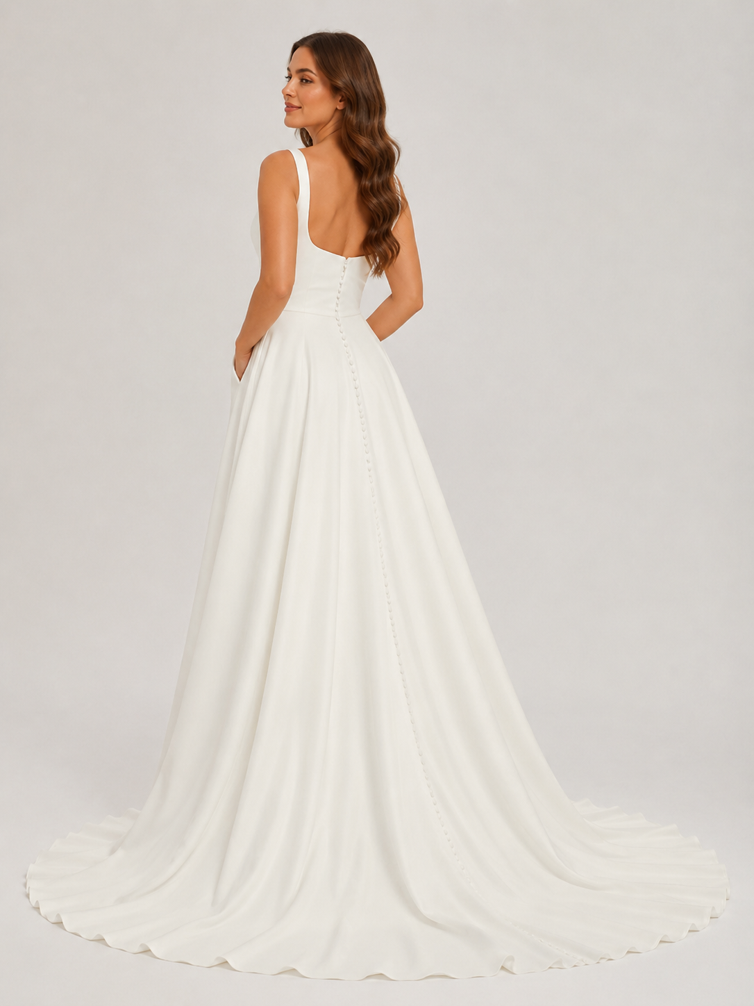 Elegant Square Neckline Pleated Satin A-Line Wedding Dress with Chapel Train