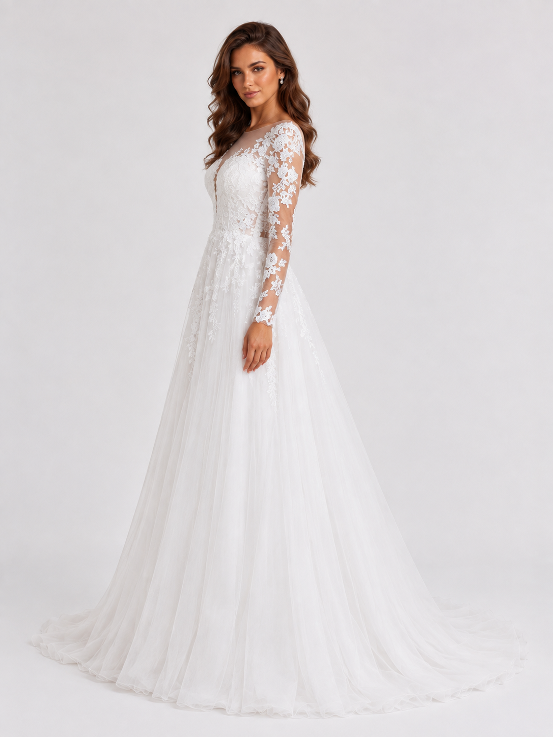 Elegant Illusion Long-Sleeve Tulle A-Line Wedding Dress with Sweep Train