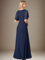 Dark Navy Sheath/Column Chiffon V Neck Floor Length Dress With Flutter Sleeves