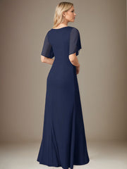 Dark Navy Sheath/Column Chiffon V Neck Floor Length Dress With Flutter Sleeves