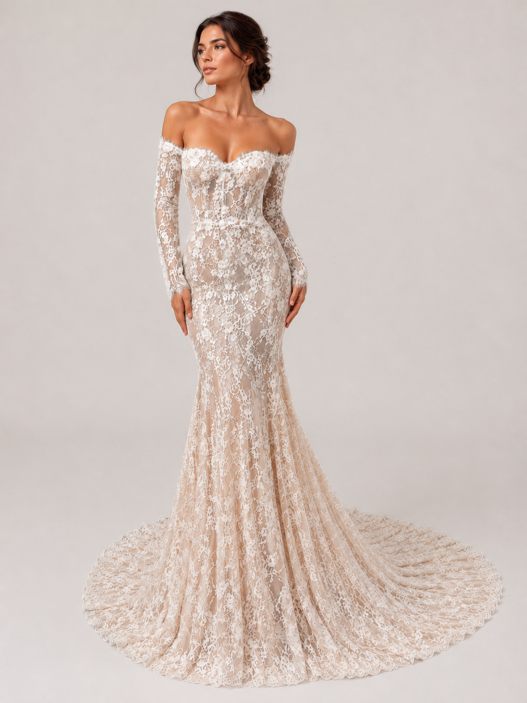 Elegant Off-the-Shoulder Long Sleeve Lace Mermaid Wedding Dress with Sweep Train