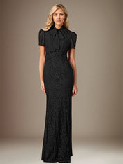 Black Chiffon Bow Tie Neckline Short Sleeves Floor Length Dress With Appliques