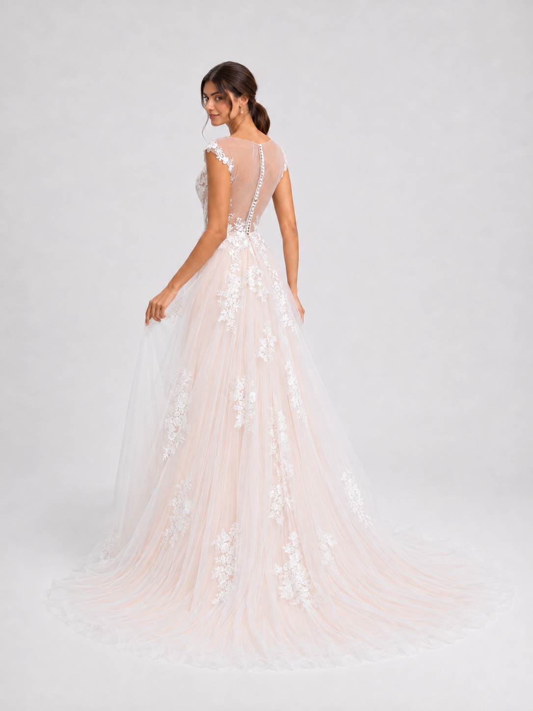 Elegant V-Neck Lace Applique Tulle A-Line Wedding Dress with Chapel Train