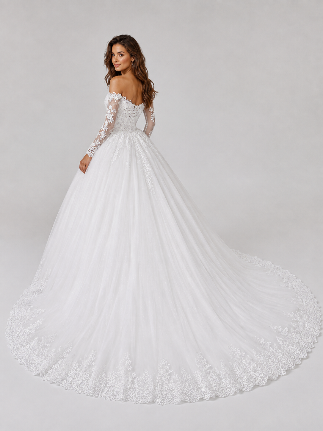 Elegant Off-the-Shoulder Lace Applique Tulle A-Line Wedding Dress with Chapel Train