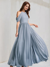 Dusty Blue A-Line High Neck Floor-Length Chiffon Bridesmaid Dress