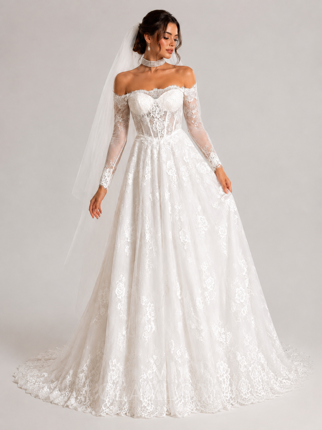 Elegant Off-the-Shoulder Lace Corset A-Line Wedding Dress with Chapel Train
