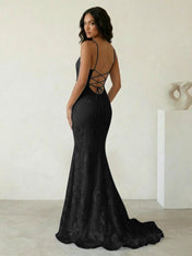 Light Blue Floral Embroidered Spaghetti Strap Prom Dresses