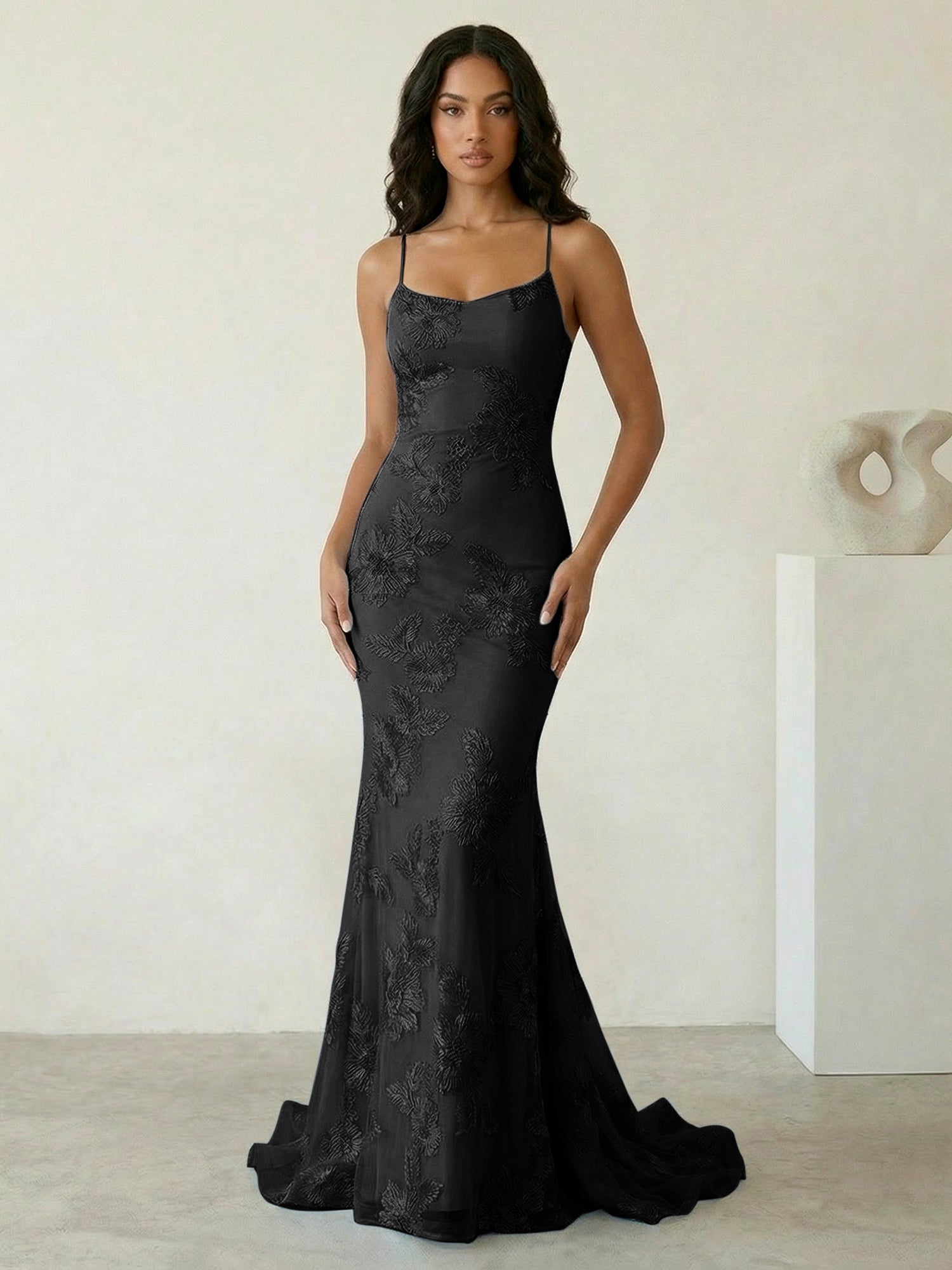 Light Blue Floral Embroidered Spaghetti Strap Prom Dresses