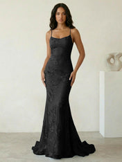 Light Blue Floral Embroidered Spaghetti Strap Prom Dresses