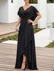 Mother of the Bride Dress Grey Lace V Neck Chiffon Maxi Dress