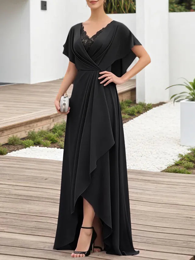 Mother of the Bride Dress Grey Lace V Neck Chiffon Maxi Dress