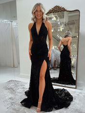 Black Mermaid Lace Halter Long Prom Dress with Slit