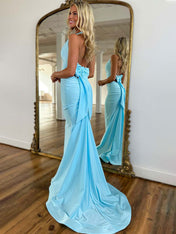 Light Blue Mermaid Halter Backless Long Prom Dress