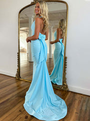 Light Blue Mermaid Halter Backless Long Prom Dress