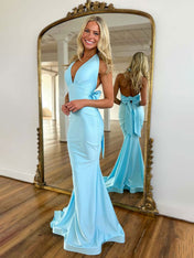 Light Blue Mermaid Halter Backless Long Prom Dress