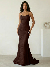 Light Blue Floral Embroidered Spaghetti Strap Prom Dresses