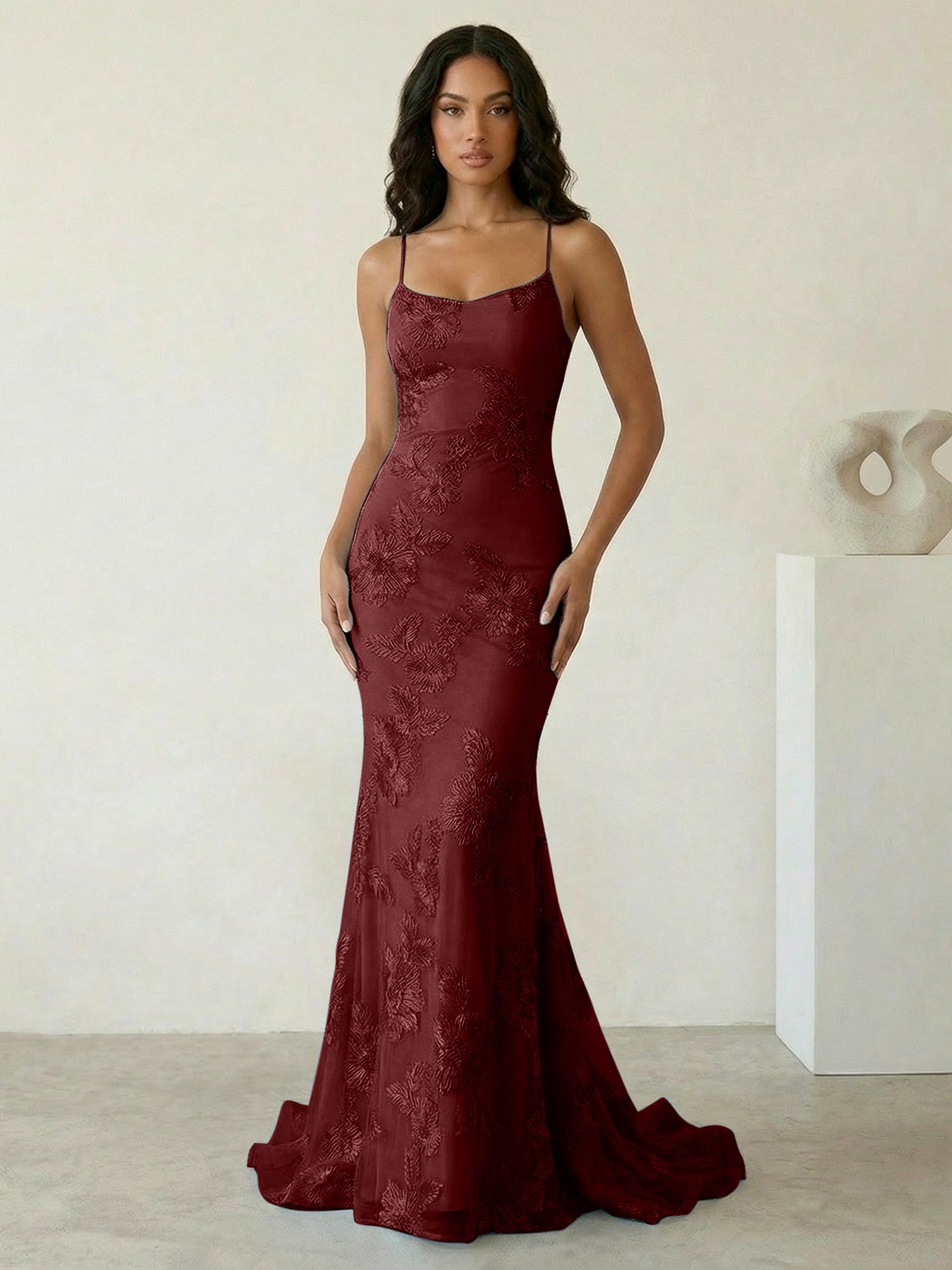 Light Blue Floral Embroidered Spaghetti Strap Prom Dresses