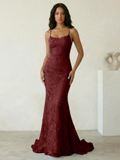 Light Blue Floral Embroidered Spaghetti Strap Prom Dresses