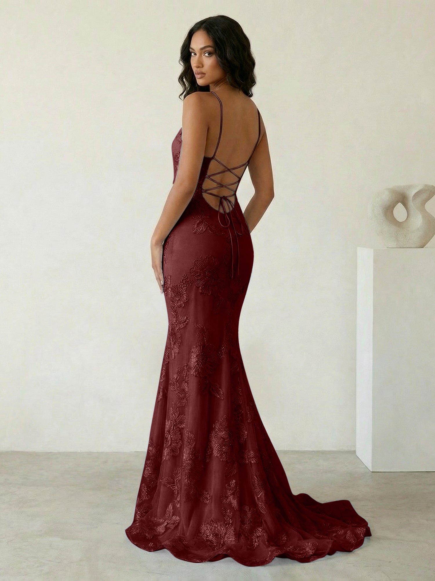 Light Blue Floral Embroidered Spaghetti Strap Prom Dresses