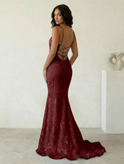 Light Blue Floral Embroidered Spaghetti Strap Prom Dresses