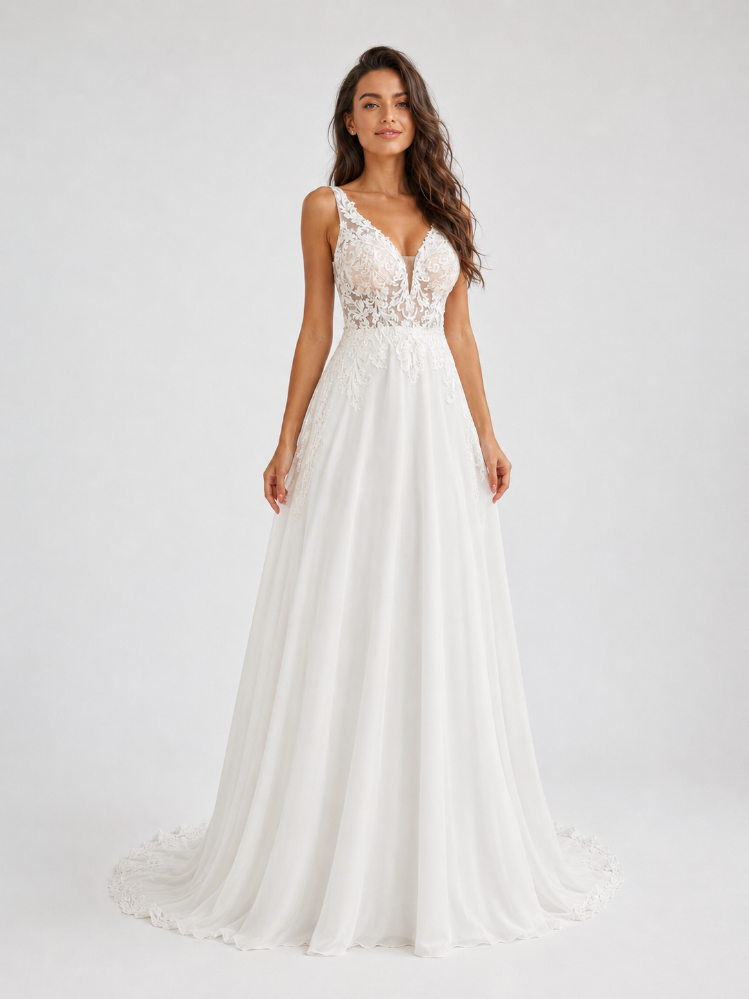 Elegant Deep V-Neck Lace Applique Chiffon A-Line Wedding Dress with Chapel Train