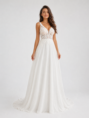 Elegant Deep V-Neck Lace Applique Chiffon A-Line Wedding Dress with Chapel Train