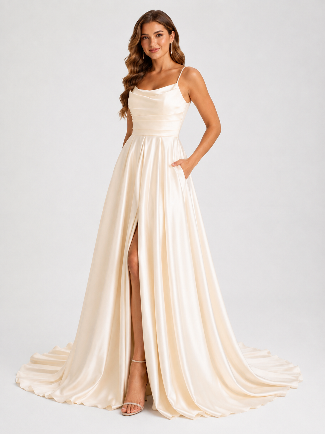 Elegant Cowl Neck Satin A-Line Wedding Dress with High Slit and Chapel Train