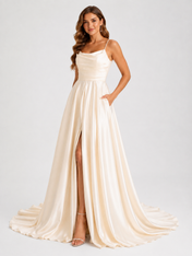Elegant Cowl Neck Satin A-Line Wedding Dress with High Slit and Chapel Train