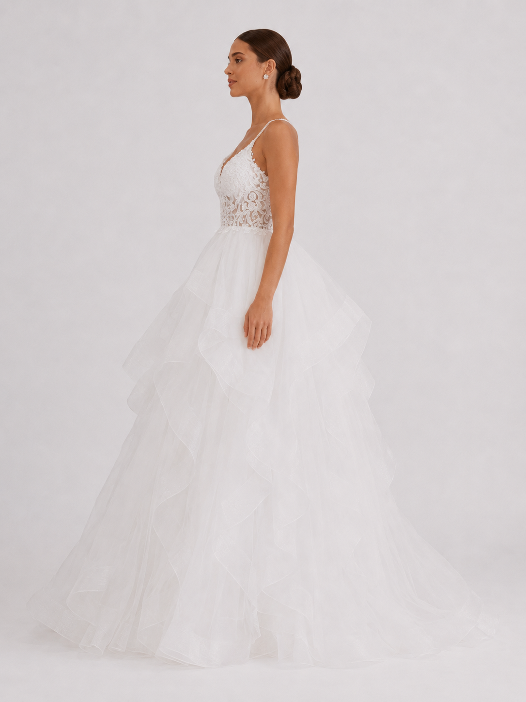 Elegant V-Neck Tiered Ruffle Tulle Ball Gown Wedding Dress with Crisscross Straps