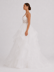 Elegant V-Neck Tiered Ruffle Tulle Ball Gown Wedding Dress with Crisscross Straps
