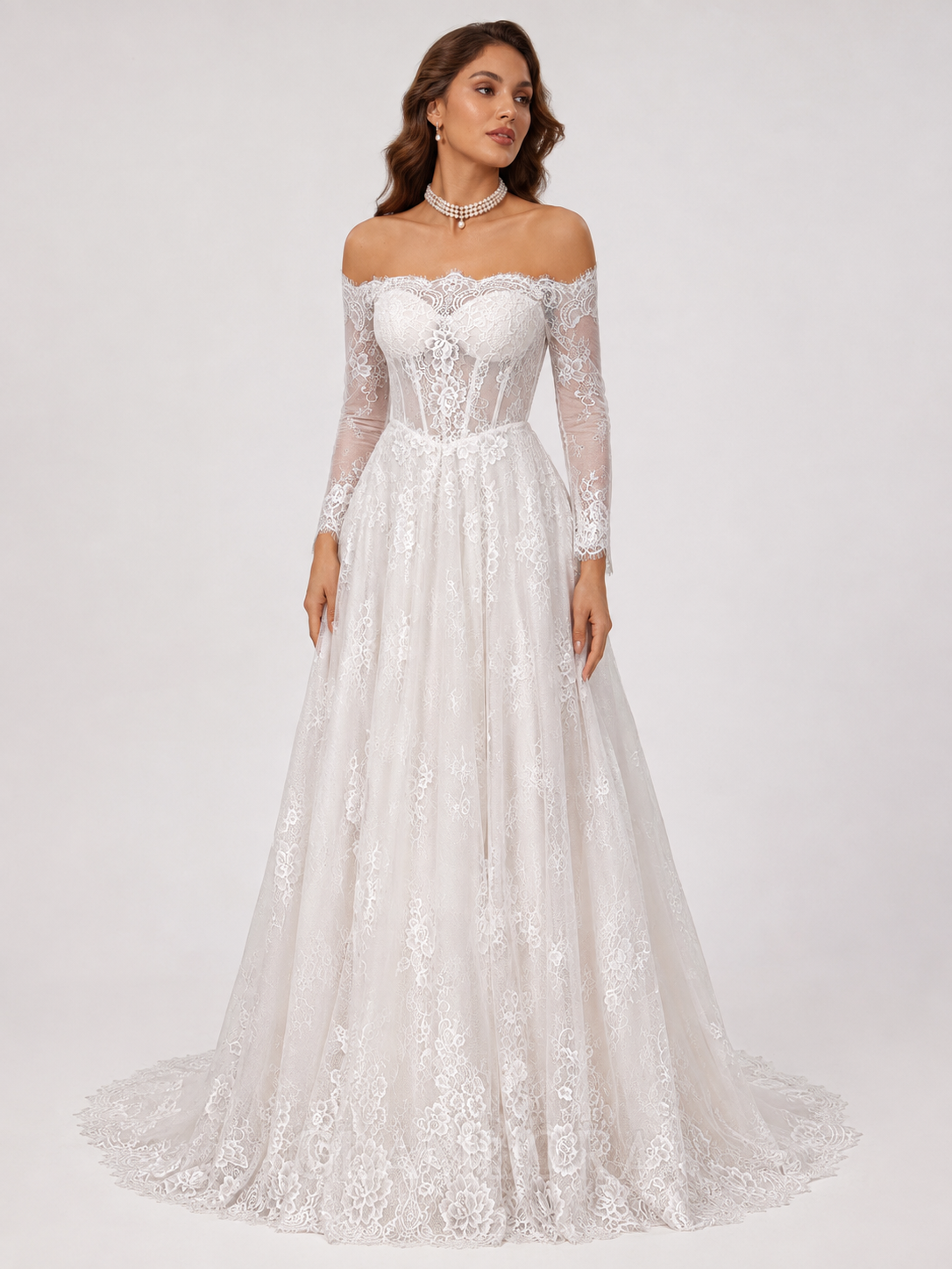 Elegant Off-the-Shoulder Corset Lace A-Line Wedding Dress with Chapel Train