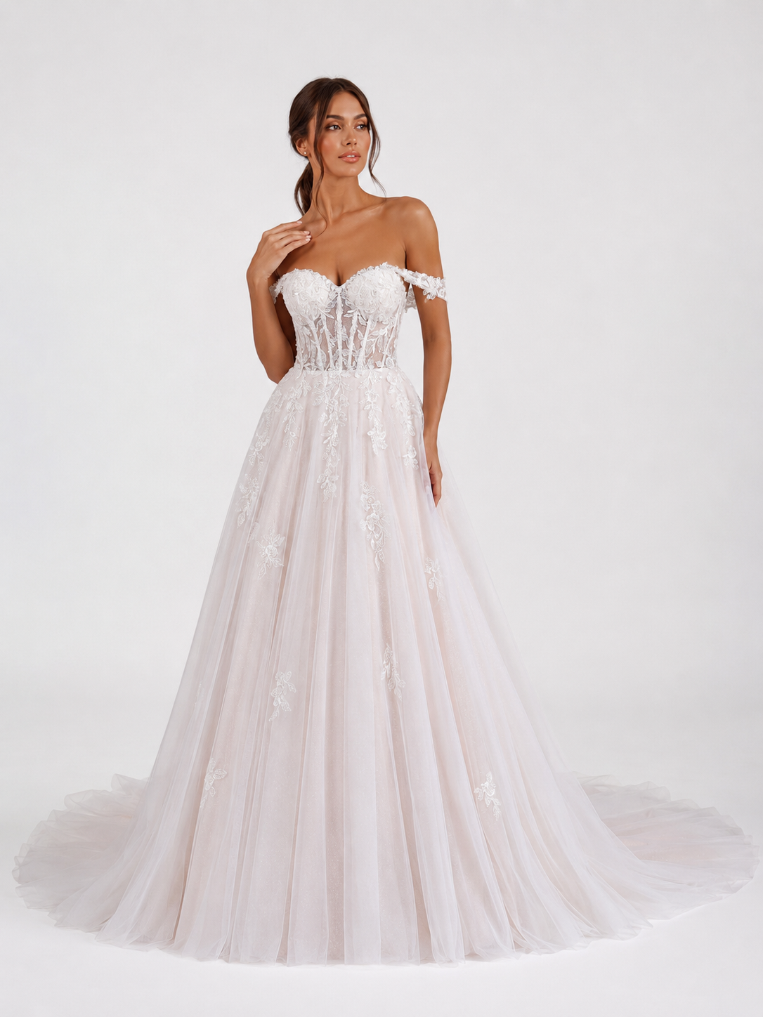 Elegant Off-the-Shoulder Lace Bodice Tulle A-Line Wedding Dress with Chapel Train